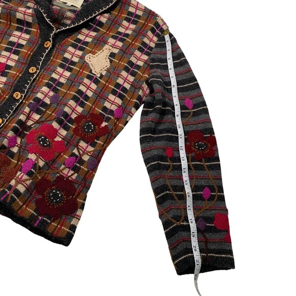 Nan Hadden Woolies Handknits embroidery Floral Plaid Cardigan Sweater W/chick L - Picture 9 of 9